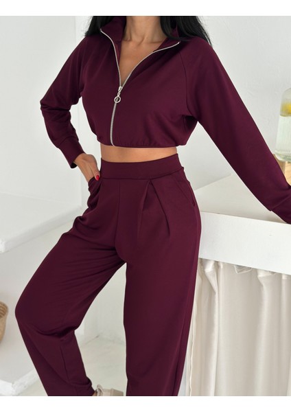Beli Pensli Fermuarlı Şık Eşofman Takımı / Zip Detail Pleated Waist Elegant Tracksuit Set modelleri