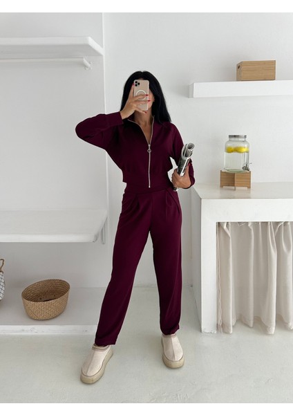 Beli Pensli Fermuarlı Şık Eşofman Takımı / Zip Detail Pleated Waist Elegant Tracksuit Set indirimleri