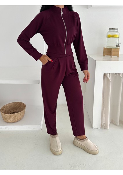 Beli Pensli Fermuarlı Şık Eşofman Takımı / Zip Detail Pleated Waist Elegant Tracksuit Set