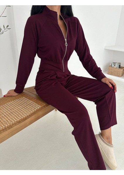Beli Pensli Fermuarlı Şık Eşofman Takımı / Zip Detail Pleated Waist Elegant Tracksuit Set