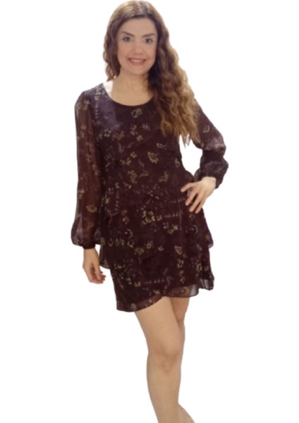 Kahve Çiçekli Uzun Kollu Şifon Kısa Elbise