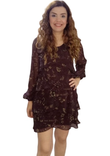 Kahve Çiçekli Uzun Kollu Şifon Kısa Elbise modelleri