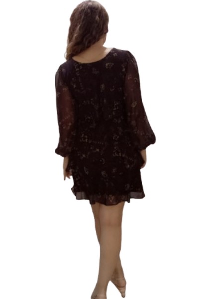 Kahve Çiçekli Uzun Kollu Şifon Kısa Elbise