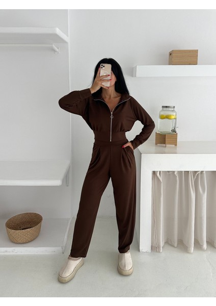 Beli Pensli Fermuarlı Şık Eşofman Takımı / Zip Detail Pleated Waist Elegant Tracksuit Set