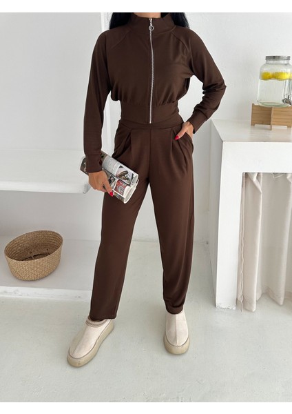 Beli Pensli Fermuarlı Şık Eşofman Takımı / Zip Detail Pleated Waist Elegant Tracksuit Set modelleri