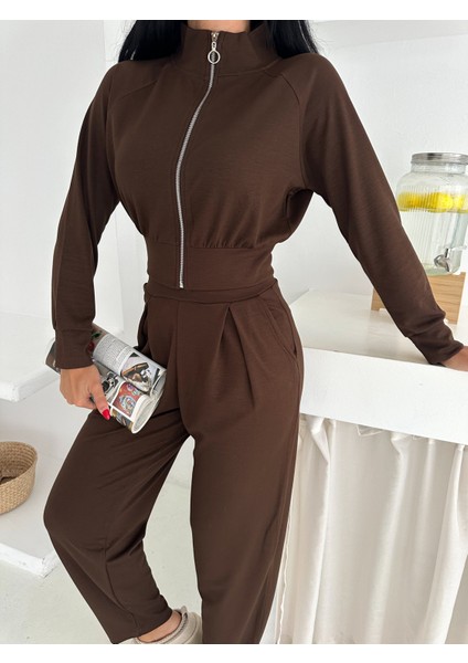 Beli Pensli Fermuarlı Şık Eşofman Takımı / Zip Detail Pleated Waist Elegant Tracksuit Set indirimleri