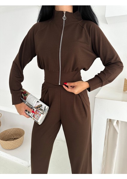 Beli Pensli Fermuarlı Şık Eşofman Takımı / Zip Detail Pleated Waist Elegant Tracksuit Set