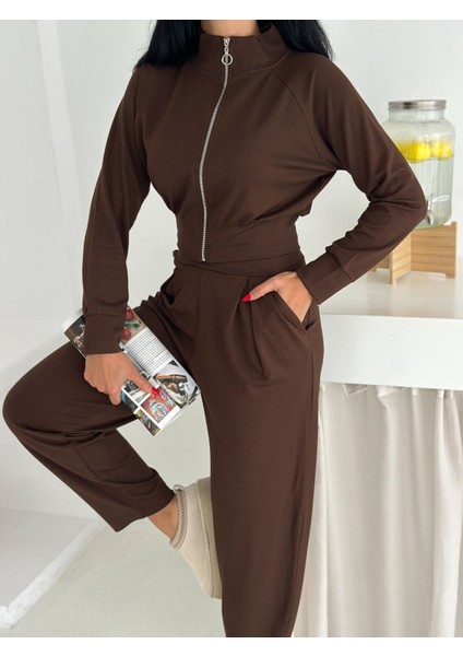 Beli Pensli Fermuarlı Şık Eşofman Takımı / Zip Detail Pleated Waist Elegant Tracksuit Set