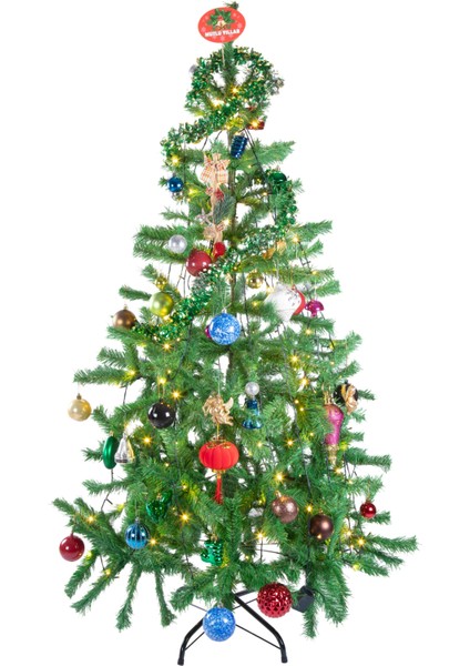 Yılbaşı Lüks Yeşil Çam Ağacı 150 cm – 320 Dal – Demir Ayaklı - Karışık Lüks Lüs Paketi - LED Işık