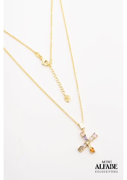 Mini x Harfi Günışığı Renkli 18 Ayar Sarı Altın Kaplama Gümüş Kolye Zirkon Taşlı Kadın
