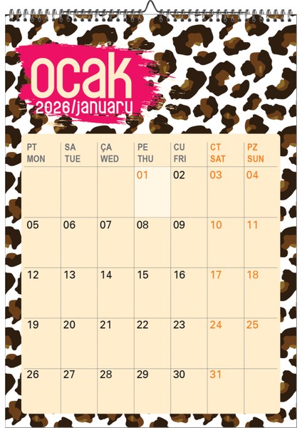 2026-A3 Ebat Leopar Temalı Duvar Takvimi Spiralli ve Askılı-12 Sayfa
