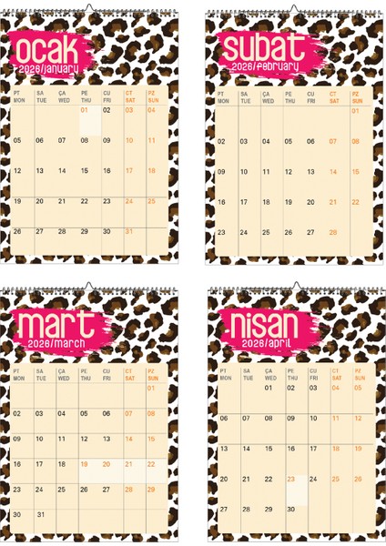 2026-A3 Ebat Leopar Temalı Duvar Takvimi Spiralli ve Askılı-12 Sayfa modelleri