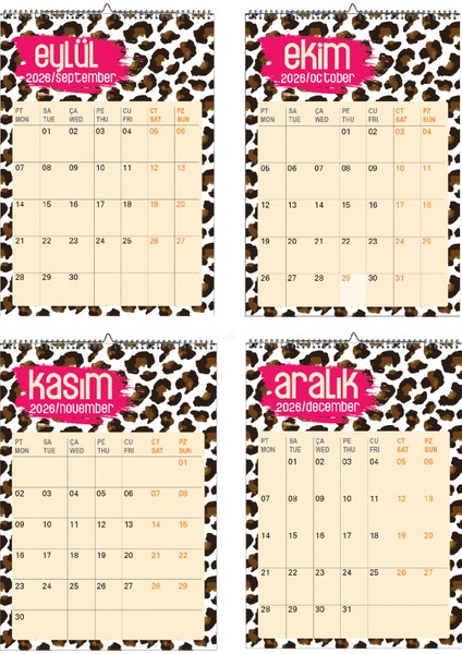 2026-A3 Ebat Leopar Temalı Duvar Takvimi Spiralli ve Askılı-12 Sayfa indirimleri