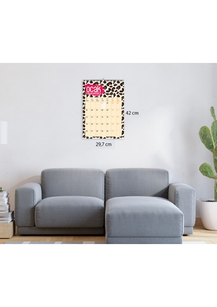 2026-A3 Ebat Leopar Temalı Duvar Takvimi Spiralli ve Askılı-12 Sayfa