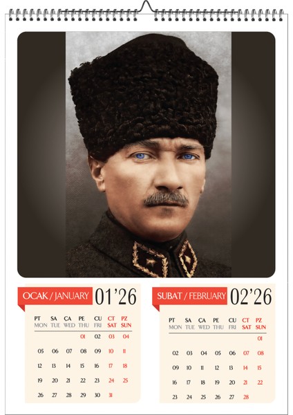 2026 Mustafa Kemal Atatürk A3 Poster Duvar Takvimi-Spiralli ve Askılı-6 Sayfa