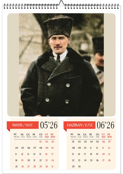 2026 Mustafa Kemal Atatürk A3 Poster Duvar Takvimi-Spiralli ve Askılı-6 Sayfa modelleri