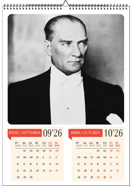 2026 Mustafa Kemal Atatürk A3 Poster Duvar Takvimi-Spiralli ve Askılı-6 Sayfa indirimleri