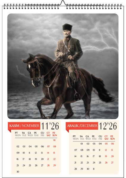2026 Mustafa Kemal Atatürk A3 Poster Duvar Takvimi-Spiralli ve Askılı-6 Sayfa