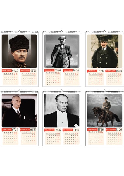 2026 Mustafa Kemal Atatürk A3 Poster Duvar Takvimi-Spiralli ve Askılı-6 Sayfa
