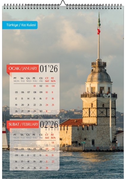 2026 Ülkeler Duvar Takvimi A3-Üstten Spiralli ve Askılı