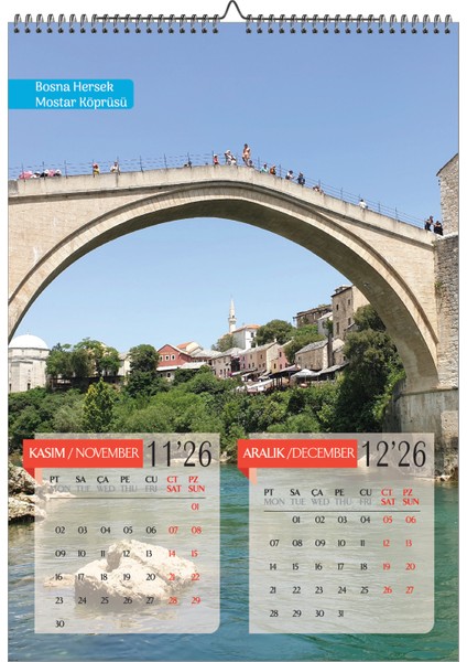 2026 Ülkeler Duvar Takvimi A3-Üstten Spiralli ve Askılı