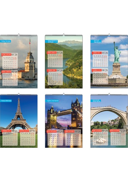 2026 Ülkeler Duvar Takvimi A3-Üstten Spiralli ve Askılı