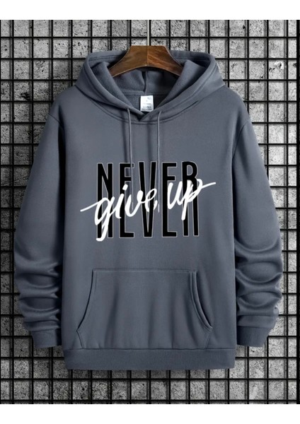 Punıx Büyük Beden Özel Tasarım Kapüşonlu Never Gıve Up Baskılı %100 Pamuk Oversize Erkek Sweatshırt