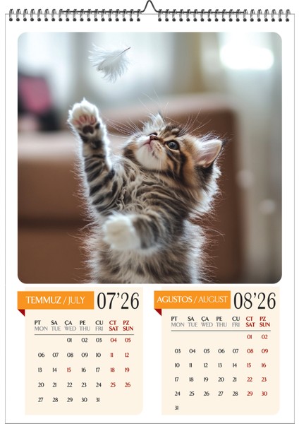 2026 Kedi Temalı A3 Duvar Takvimi-6 Sayfa Üstten Spiralli ve Askılı fırsatları