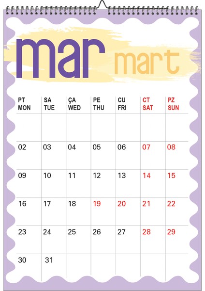 2026 A3 Duvar Planlama Takvim Üstten Spiralli ve Askılı modelleri