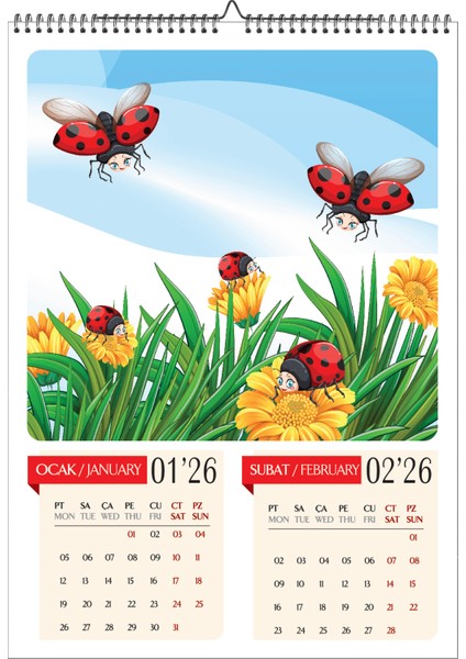 2026 Çocuk Odası A3 Duvar Takvimi-Uğurböceği Temalı 6 Sayfa Spiralli ve Askılı