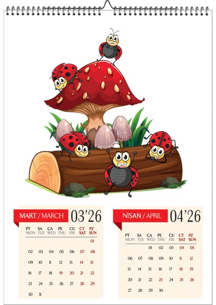 2026 Çocuk Odası A3 Duvar Takvimi-Uğurböceği Temalı 6 Sayfa Spiralli ve Askılı fiyatları