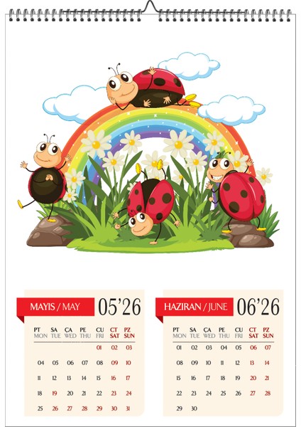 2026 Çocuk Odası A3 Duvar Takvimi-Uğurböceği Temalı 6 Sayfa Spiralli ve Askılı modelleri