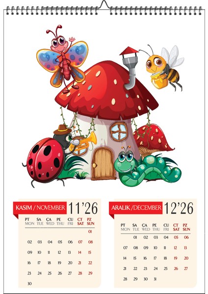 2026 Çocuk Odası A3 Duvar Takvimi-Uğurböceği Temalı 6 Sayfa Spiralli ve Askılı