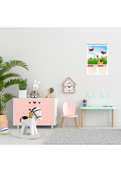2026 Çocuk Odası A3 Duvar Takvimi-Uğurböceği Temalı 6 Sayfa Spiralli ve Askılı