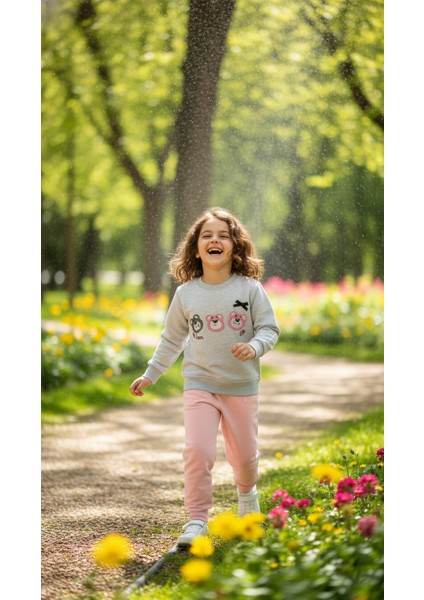 Kız Çocuk Ayıcık Baskılı Pamuklu Rahat Kesim Alt Üst Takım Sweatshirt modelleri