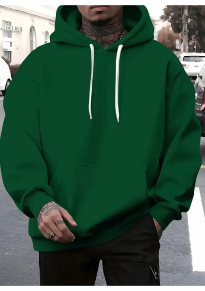 Punıx Büyük Beden Özel Tasarım Kapüşonlu Düz Renk %100 Pamuk 3 Iplik Casual Erkek Sweatshırt