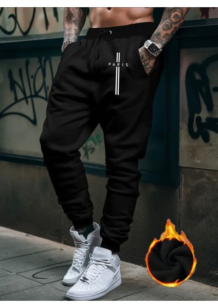 Büyük Beden Özel Tasarım Paris Dikey Baskılı %100 Pamuk Kışlık Yeni Trend Erkek Eşofman Altı