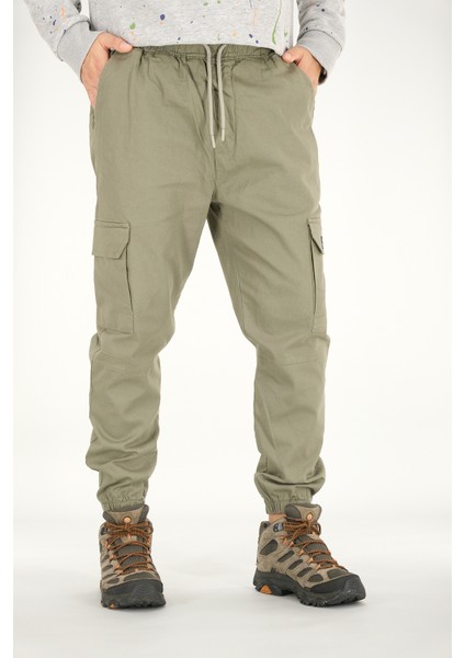 Erkek Açık Haki Kargo Cepli Jogger Pantolon Rahat Kesim Pamuklu Lastikli Paça