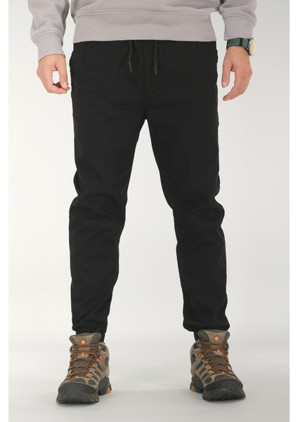 Erkek Siyah Jogger Pantolon Rahat Kesim Pamuklu Lastikli Paça Ipli