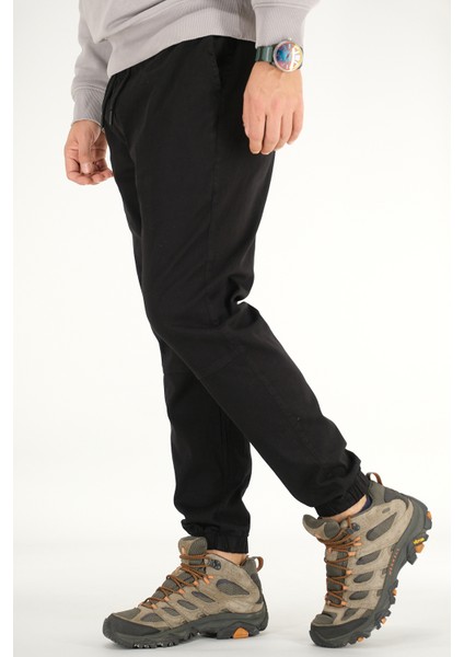 Erkek Siyah Jogger Pantolon Rahat Kesim Pamuklu Lastikli Paça Ipli