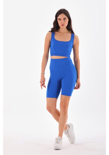 Mavi Toparlayıcı Spor Fitilli Crop - Biker Tayt Takım