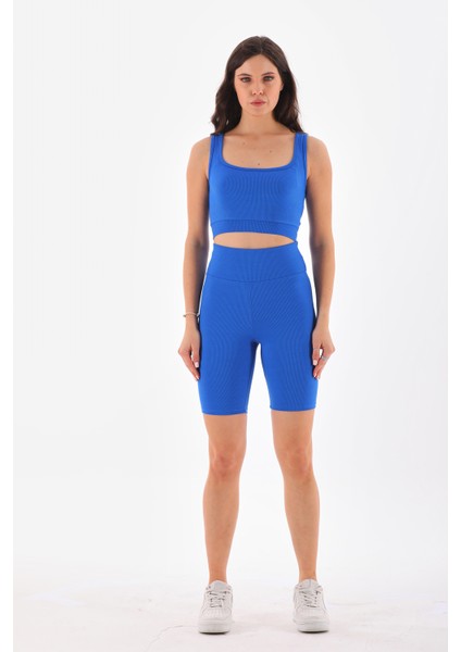 Mavi Toparlayıcı Spor Fitilli Crop - Biker Tayt Takım fiyatları