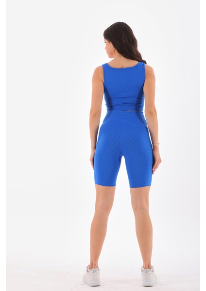 Mavi Toparlayıcı Spor Fitilli Crop - Biker Tayt Takım fırsatları