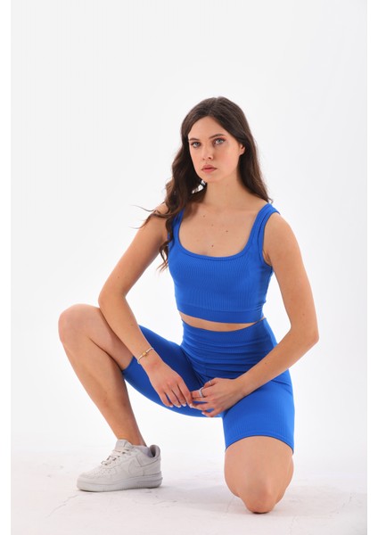Mavi Toparlayıcı Spor Fitilli Crop - Biker Tayt Takım indirimleri
