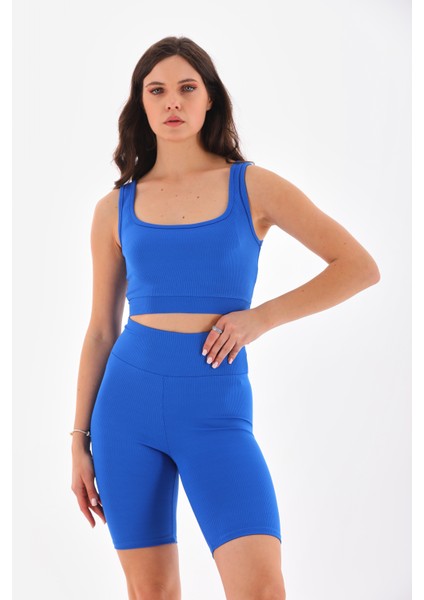 Mavi Toparlayıcı Spor Fitilli Crop - Biker Tayt Takım