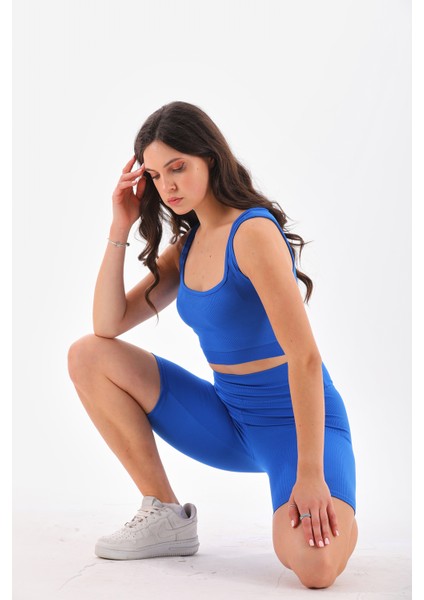 Mavi Toparlayıcı Spor Fitilli Crop - Biker Tayt Takım