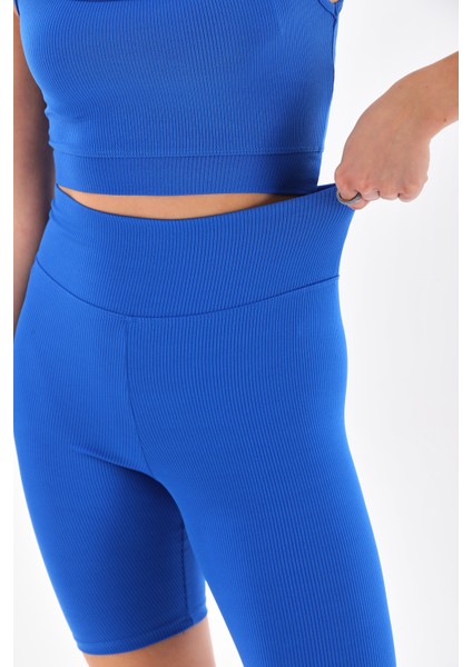 Mavi Toparlayıcı Spor Fitilli Crop - Biker Tayt Takım