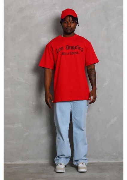 Unisex Oversize Baskılı Bisiklet Yaka T-Shirt - Kırmızı