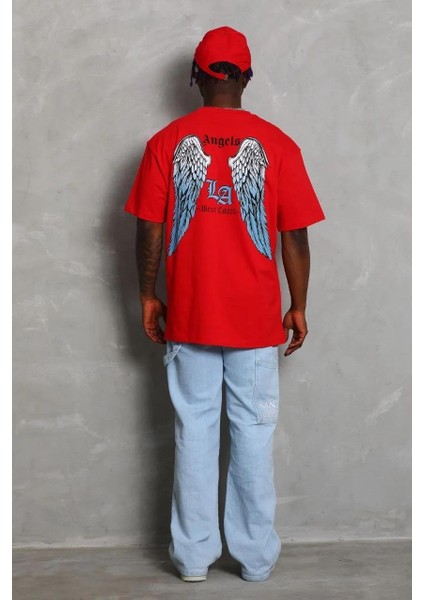 Unisex Oversize Baskılı Bisiklet Yaka T-Shirt - Kırmızı fiyatları