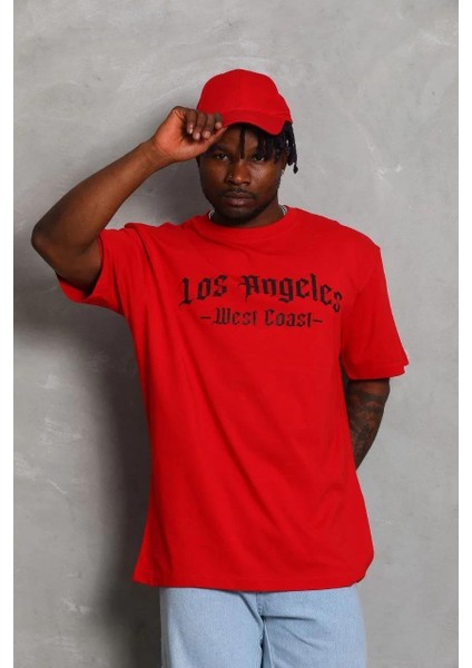 Unisex Oversize Baskılı Bisiklet Yaka T-Shirt - Kırmızı modelleri